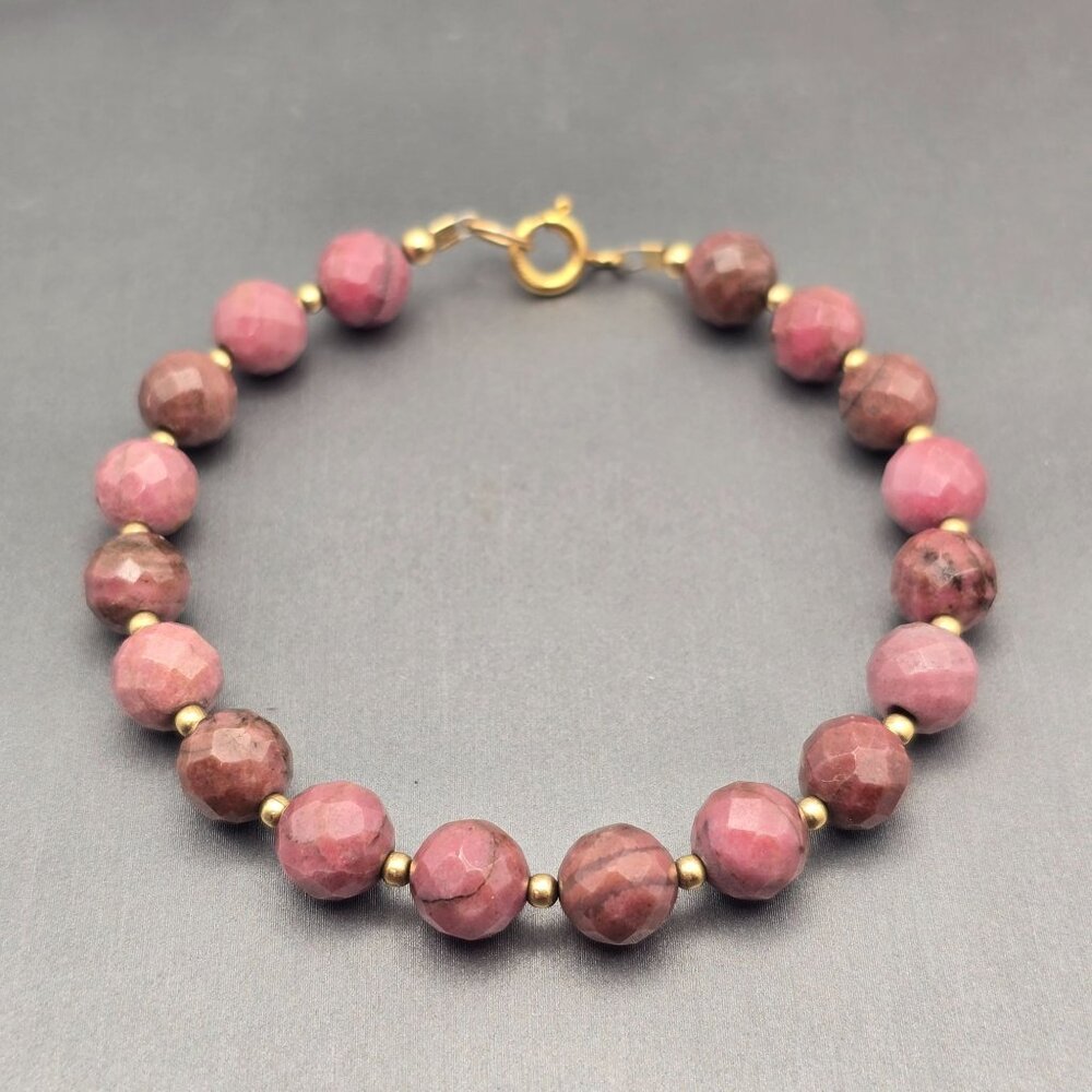 VTG Faceted 8mm Rhodonite Beaded Bracelet 7.25" 14k GF Spacers & Spring Ring